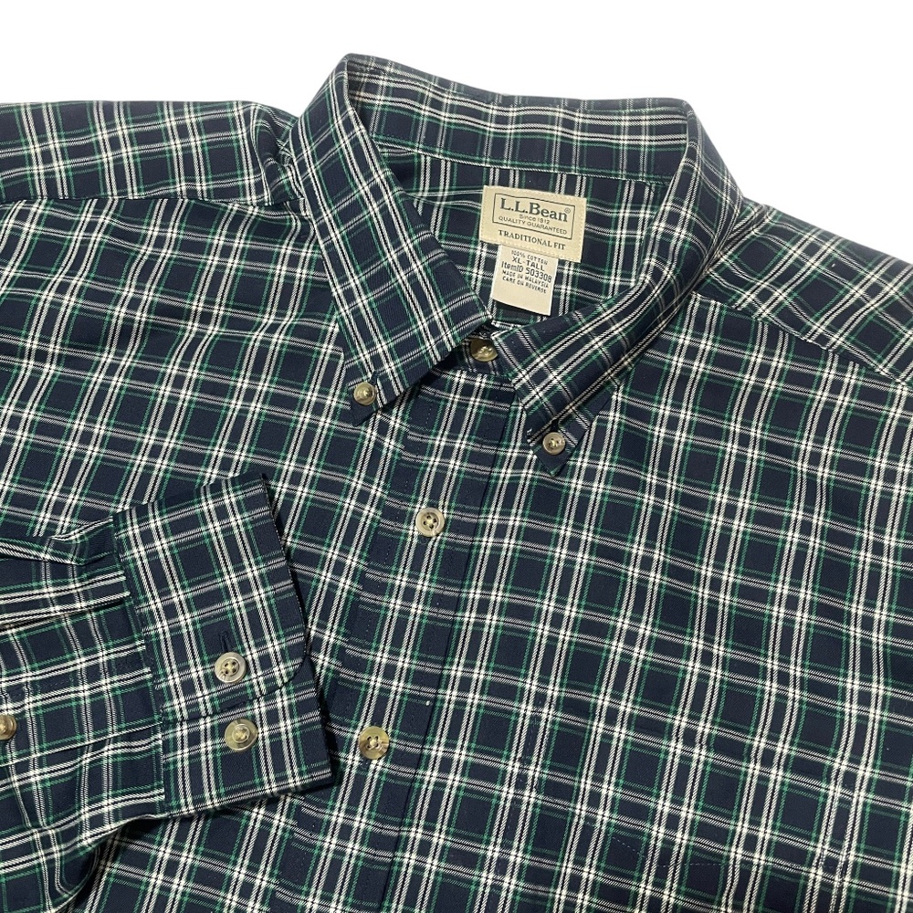 L.‎ L. Bean XL Tall Button Down Blue Green Plaid 100% Cotton
